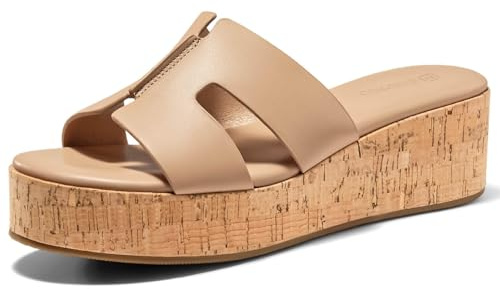 Coutgo Women's Platform Wedge Sandals Open Toe Slip On Slides Cork Heeled Cutout Comfortable Summer Shoes, Khaki, Size 9