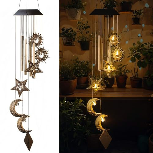 Colingmill Solar Wind Chimes for Outside Waterproof Hanging Wind Chimes Lights Outdoor Decor Yard Garden Gifts for Mother Mom Grandma Wife Neighbors(Sun Moon Star,Warm Colored Lights)