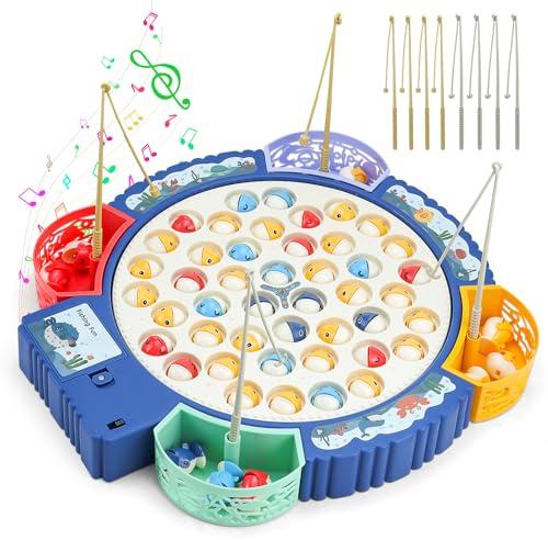 Qingning Juguete de Pesca Niños con 55 Peces y 8 Tiras de Caña, Juego de Pesca Magnético con Musica, Giratorio, Juego de Mesa Juego Educativo Montessori Regalos de Cumpleaños para Niños de 3-6 Años