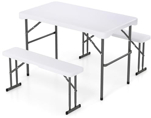 FANTASK Bierzeltgarnitur klappbar, 3-teilige Biertischgarnitur, kleine Bierbankgarnitur, 108cm Festzeltgarnitur, Weiß