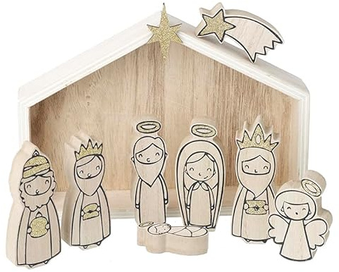 Heaven Sends Belén de madera de 9 unidades - Belén de mesa de Navidad con establo y figuras - Decoración tradicional 23 cm