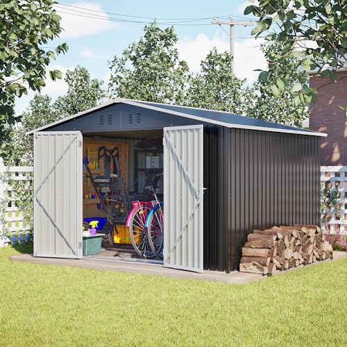 ECLIVON Cobertizo de Jardín Exterior 289x239x191cm, Metálico Caseta de Jardín con Puerta y Ventilación, Cobertizo de Almacenamiento con Techo, Caseta Metal para Herramientas Terraza Patio (Negro)
