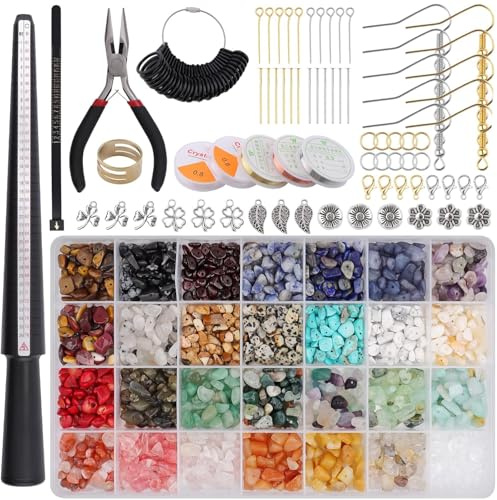 TOROKOM 1700+ Kit per la creazione di gioielli con perle di cristallo, 28 colori, set di produzione di anelli di cristallo naturale con filo per rimorchio, pinze, moschettone per collane, orecchini