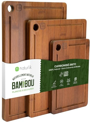 naturlik Set 3 Taglieri Bambù Carbonizzato con Scanalatura | Tagliere Legno per Carne, Salumi e Formaggi | Tagliere da Portata | Pre-Oliato, Senza BPA, Ecologico | 3 Misure: 33×22/28×22/22×15 cm
