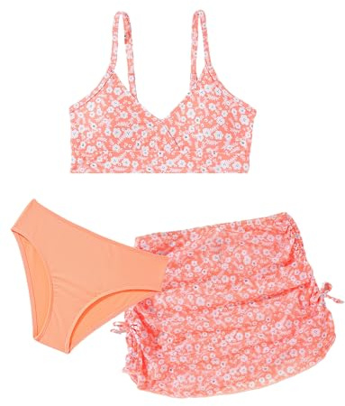 SEAUR Bikini da bambina con gonna, 3 pezzi, costume da bagno imbottito, per adolescenti, alla moda, stampato, costume da bagno per bambini, 120-170 cm, Colore: arancione., 150 cm