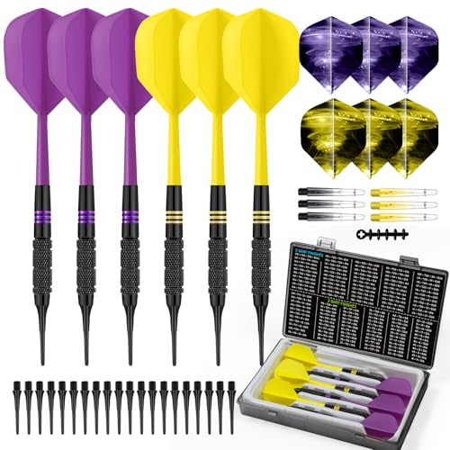 HUANQU 6 Pack Soft Tip Darts Set 16g- Integrated dart Flights 2BA Thread Plastic Tip Darts with Case 20 dart Points 6Extra Shafts & Flights Storage Box Included – Electronic DartBoard Compatible