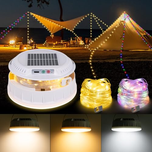 BlueYu Solar Camping String Lights, 32.8 FT String Light with 13 Modes, 4 in 1 Waterproof Camp Lamp, Solar/Type-C Powered, Hanging Rechargeable Tent Lantern for Camping, Party (White)