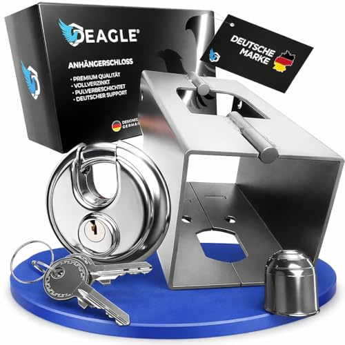 Deagle® släpvagnslås med Deagle rundlås – Släpvagn stöldskydd & stål förzinkat pulverlackerat – stabilt Deichsel-lås med förspärr för kopplade & kopplades bort släpvagnar