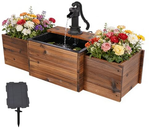 Water Fountain Outdoor, Solar Water Fountain Outdoor Garden with Planter Boxes, Wooden Outdoor Water Feature with Retro Hand Pump, Rustic Flower Pot for Patio, Backyard & Porch Decor, Solar