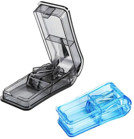 Coupe Comprime et Ecrase Medicament Lot de 2 Bleu et Gris 9x4x3cm Pilulier Semaine Portable avec Lame en Acier Inoxydable pour Petits et Grands Cachets Boite Medicaments de Voyage Pratique
