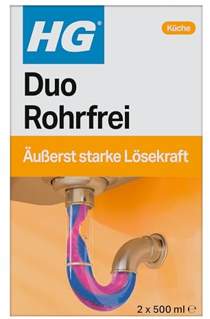 HG Duo Rohrfrei, leistungsstarker Abflussreiniger für Küchenspülen oder Badabflüsse – 2 x 500 ml