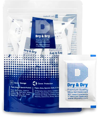 Dry & Dry 5 Gram [50 Packets] Silica Gel Packets Silica Gel Desiccants, Silica Gel Packs - Rechargeable Moisture Absorbers for Food Storage, Electronics, 3D Filament & Safes