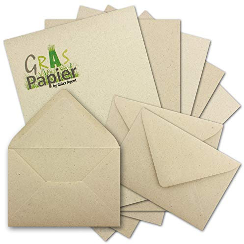 25x ÖKO Briefpapier DIN A4 mit Briefumschlägen DIN C6 aus Graspapier - Recycling Papier 120 g/m² - Umwelt Bastelpapier für Einladungen oder Briefpost - Glüxx Agent