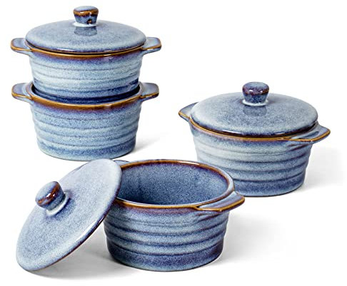 UNICASA Mini Cocotte, Auflaufförmchen aus Steinzeug, 4 teilige Souffle Förmchen mit Deckel, Kleine Auflaufform, Durchmesser 10 cm, 250 ml, Backofen, Geschirrspüler Verfügbar