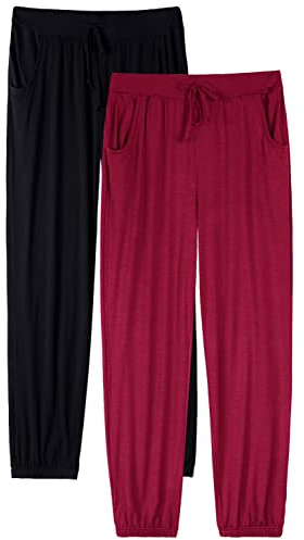 Vislivin Casual Womens Pants Soft Lounge Pants Sleep Pajama Bottoms with Pocket Black/Wine Red XL