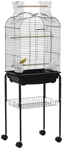 PawHut Jaula para Pájaros con Soporte Jaula de Aves Canarios con 4 Ruedas Techo Abrible 2 Comederos 3 Perchas Bandeja Extraíble y Estante Inferior 46x36x130 cm Negro