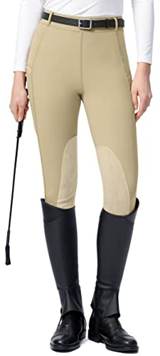 SANTINY Women's Horse Riding Pants with Zipper Pockets Knee-Patch Schooling Tights Equestrian Breeches for Women (Khaki_M)