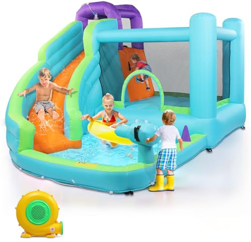 Ktaxon Jump Bounce House with 350W Air Blower, Inflatable Water Slide for Backyard, Lawn, Outdoor Bouncy Castle W/Pool Area, Climbing Wall & Water Gun