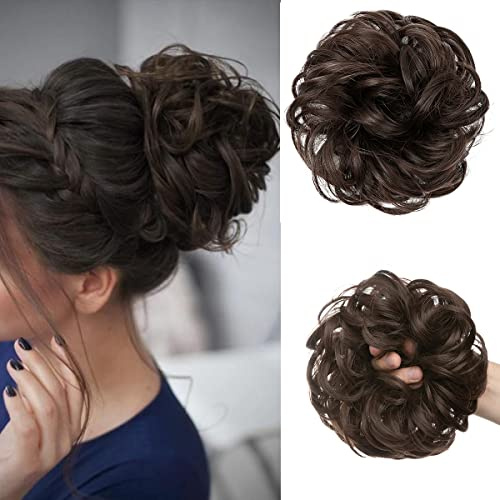 JJstar Moños Postizos, Grande Coleteros Pelo Mujer Postizos de Pelo Natural Rizado Ondulado Postizos Moño y Coletas Extensiones de Cabello, Moño Sintético Despeinado para Mujeres (Marrón oscuro)