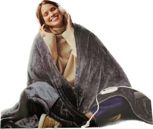 Thermal Fleece Electric Heated Charcoal Grey Throw Blanket Super Soft Flannel Velvet Faux Fur Mink Throw – 6 Heat Settings – Digital Controller – 4 Hours Auto Shut Off – 130x180cm
