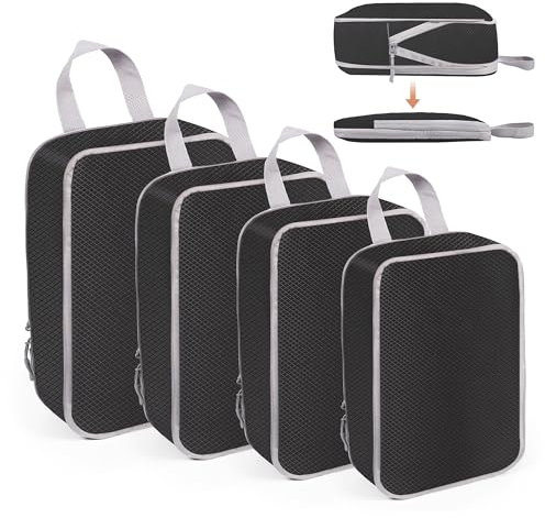 WUFANC Kompression Packwürfel 4 Stück, Wasserdicht und Platzsparend, Koffer Organizer Set aus Nylon, Leicht und Verschleißfest, Packing Cubes Ideal für Urlaubsreisen, Camping und Geschäftsreisen