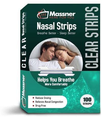 Massner Clear Nasal Strips for Snoring - Pack of 100 Clear Nose Strips to Improve Snoring - Helpful to Improve Sleeping, Nasal Congestion Due to Cold and Allergies