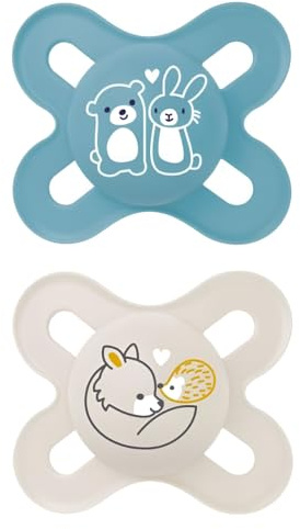 MAM Original Start Succhietto 0-2 Mesi (Set da 2), Ciuccio MAM 0-2 mesi con tettarella ortodontica in silicone, Kit da 2 accessori neonato con porta ciuccio sterilizzatore, Azzurro/Neutro
