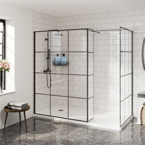 Aquariss Walk in Shower Screen 8mm Black Grid Easy Clean Glass Wet Room Screen Panel Shower Enclosure 1000mm+1400mm Glass Panel with 215mm Return Panel 1950mm Height Black Framed