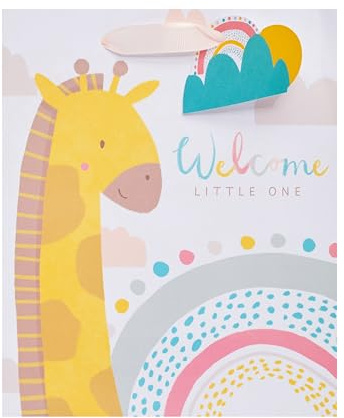 UK Greetings | Sacchetto regalo medio per neonato o bambina | Sacchetti per feste per regali | Compleanno/Matrimonio/Natale | Simpatico design giraffa | 19 x 23 x 8,9 cm