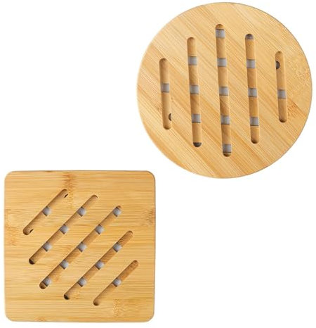 Buaak 2 Stück Topfuntersetzer Bambus, 19 cm Bambus Untersetzer Topf, Korkuntersetzer Eckig, Korkuntersetzer Rund, Getränke Untersetzer für Verschiedene Koch- Und Tischbedürfnisse