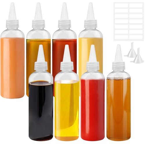 REJOECE 8 Pack 200ml Squeeze Bottles for Sauce, Condiments, Ketchup, BBQ | Reusable Plastic Bottles Leak-Proof & BPA-Free | Includes Funnel, Labels