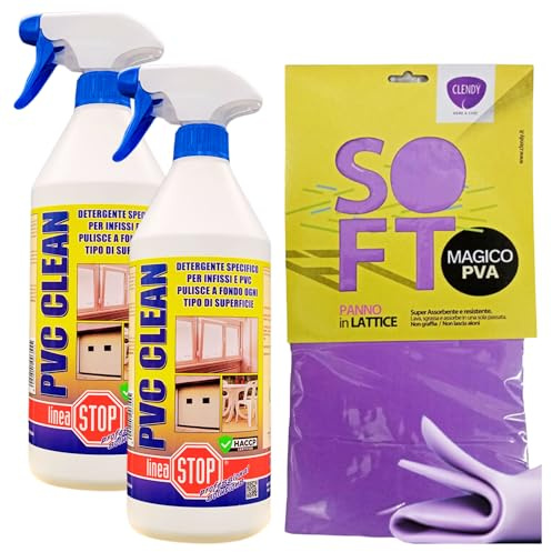 SET: 2x Detergente Spray PVC CLEAN, Specifico Per Infissi e Pvc. Pulisce a Fondo Ogni Tipo Di Superficie 750ml + Panno In Lattice SOFT, Formato 30x30