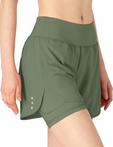donhobo Short de sport 2 en 1 pour femme - Taille haute - Legging de course - Pantalon de sport d'été - Fitness - Yoga - Vert armée - M