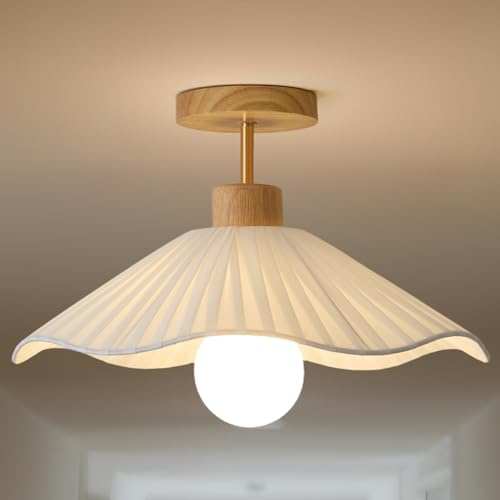 YBKOBBDD Flower Ceiling Light for Hallway,Semi Flush Mount Ceiling Light with Fabric Shade,Modern Ceiling Light Fixture with Wooden Base for Bedroom, Porch, Entryway(15.7 Inch)
