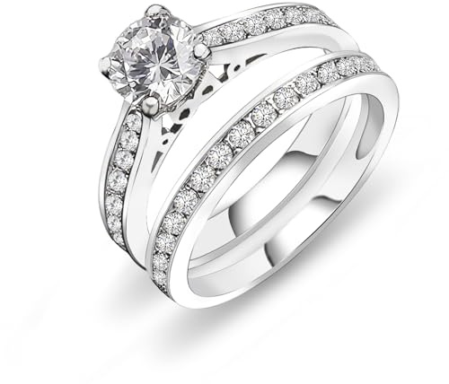 FlameReflection 1 Carat Cubic Zirconia Wedding Engagement Bridal Promise Ring Set for Women with White Gold Plated Size 8