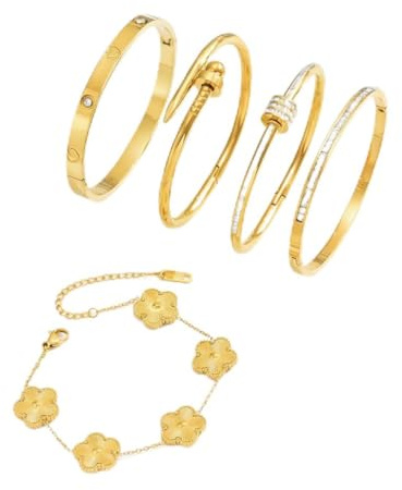 BIJOUX BRACELET FEMME INSPIRATION LUXE CLOUS H LUXUEUX EMBALLAGE CADEAU CHIC VELOURS IDEAL ANNIVERSIRE, NOEL, ACIER INOXIDABLE HYPOALLLERGENIQUE (Jonc diamant trèfle)