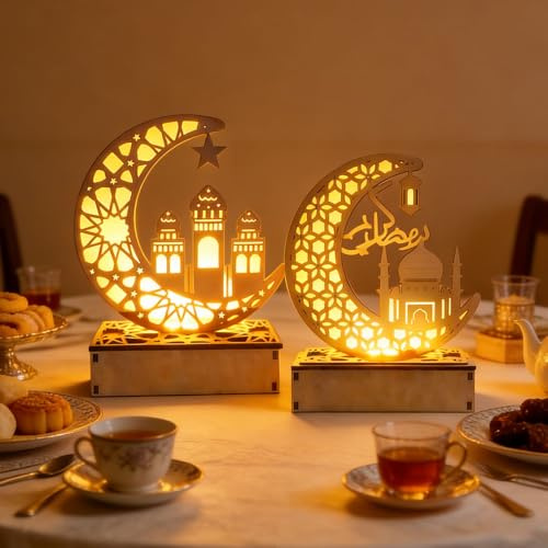 Ramadan Lampada decorativa in legno, 2 pezzi, decorazione Ramadan, Eid Mubarak, decorazione da tavolo a LED Ramadan, festival, luci a forma di luna e stelle per feste, a casa e come regalo