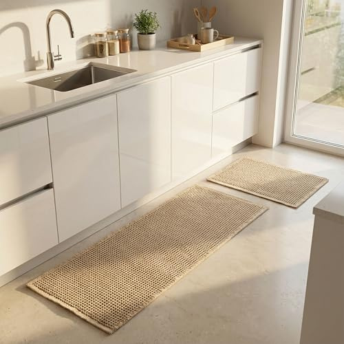 URMONA Juego Alfombras de Baño 2 Piezas, 50 × 121 cm + 43 × 61 cm, Alfombra Baño Estilo Boho, Antideslizante y Absorbente para Hogar (Marrón)