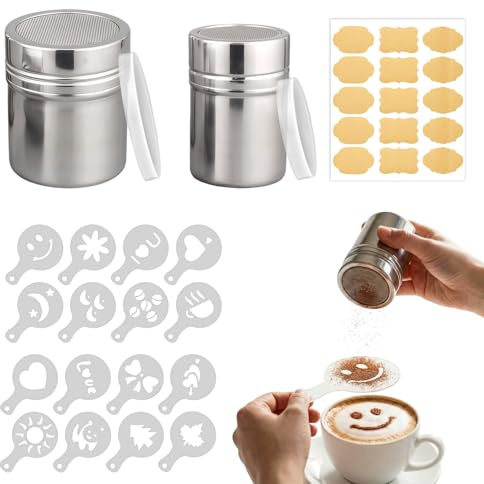 2 unidades de espolvoreador de cacao, acero inoxidable con tapa de retención y 16 plantillas para capuchino, 10 pegatinas Crayful, espolvoreador de harina de cacao para capuchino, colador de harina