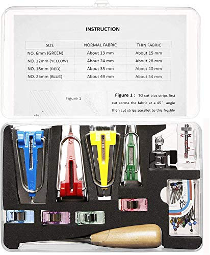 Fabric Bias Tape Maker Set of 4 Sizes 6mm/12mm/18mm/25mm Sewing Quilting Tool with Tape Binding Presser Foot Wonder Clips