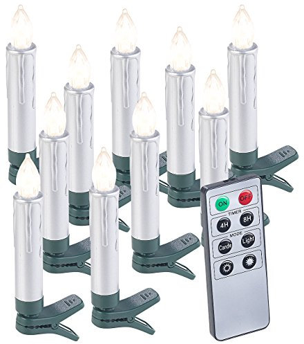 Lunartec Kabellose Kerzen: 10er-Set LED-Weihnachtsbaum-Kerzen mit Fernbedienung und Timer, silber (Kabellose Baumkerzen, flackernde Weihnachtsbaumkerzen, Fernbedienungen)