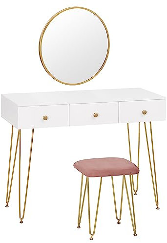 EUGAD Schminktisch Gold mit Wandspiegel und Hocker aus Samt, Frisiertisch mit Große Tischplatte, 100x40x79cm, Kosmetiktisch Schreibtisch mit 3 Schubladen aus Massivholz, Weiß, 0017SZT