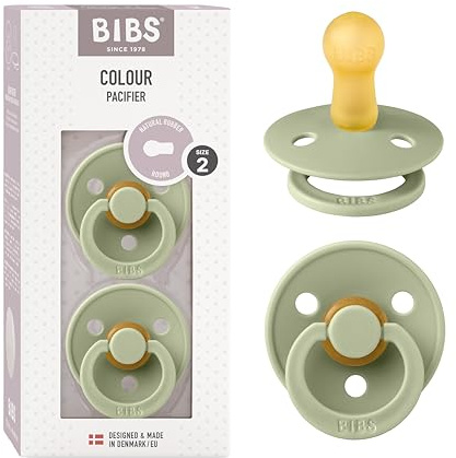 BIBS Colour Soother 2-Pack, BPA Free Dummy Pacifier, Round Nipple. Natural Rubber Latex, Size 2 (6-18 Months), Sage/Sage
