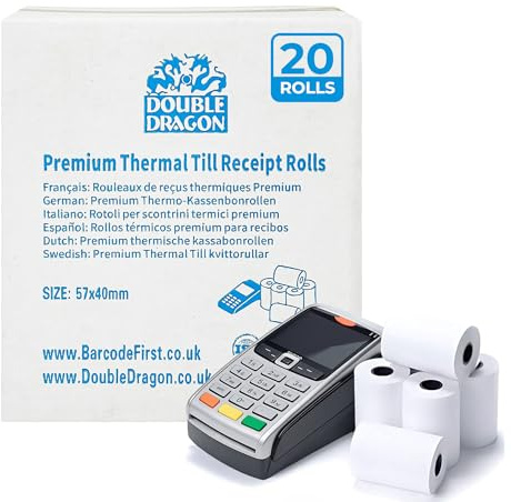 Double Dragon, 20 Rolls, 57 x 40mm Thermal Receipt Paper, Till Rolls for Credit Card Machines & PDQ Terminals, Compatible with Ingenico, Verifone, Barclays, Pax, Worldpay, Sagem, Spire | BPA-Free