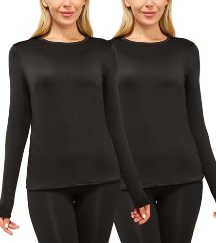 Long Sleeve Thermal Tops for Women Base Layer Ladies Vest Shirts Thermal Underwears Inner Wear Warm Ski Hiking Clothing 2pc Black-Black S