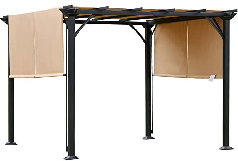 Outsunny Pergola Gazebo da Giardino in Acciaio con Tende Regolabili 3x3m, Marrone Chiaro