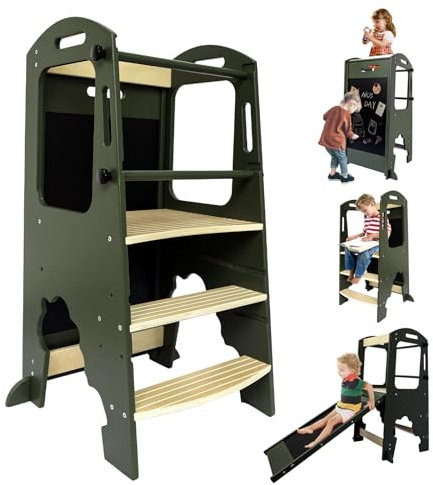 Toddler Kitchen Step Stool,Kids Standing Tower, Removable Anti-Drop Railing Safety Rail,A Anti-tip Structure More Stable, Natural Wooden