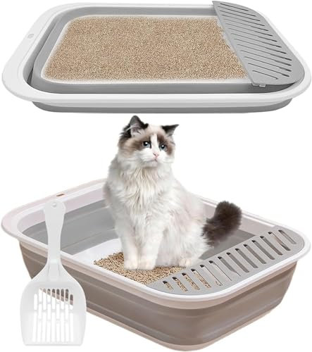 Katzentoilette Flach Groß, Katzenklo Flach Mit Schaufel, Katzenklo Niedrig für alte Katzen, Reisetoilette Katze, Faltbare Katzentoilette mit Schaufel, Katzenklo Groß, Faltbare Flache Katzentoilette