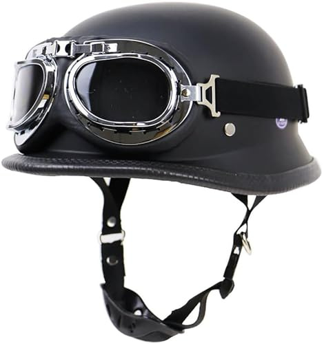 Medio Casco Casco Motocicleta Estilo Retro Alemán Casco Media Concha Casco Jet Vintage Aprobado por Dot ECE Hombres Mujeres Casco Ciclomotor Casco Scooter con Gafas (Color : Matt Black, Size : M=(57