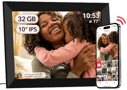 Frameo Cornice Digitale WiFi da 10,1 Pollici, 32GB, Schermo IPS Touchscreen HD 1280 x 800P, Rotazione Automatica, Condividi Foto/Video Subito da Qualsiasi Luogo (Elegante Nero)